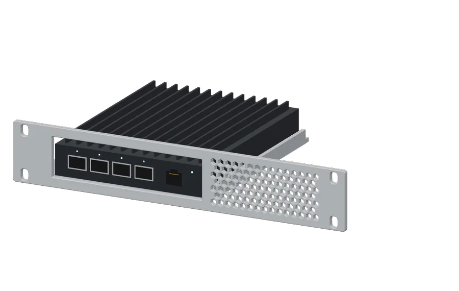 3D render of the CRS305-1G-4S+IN in its 10-inch rack mount