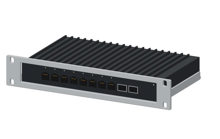 3D render of the CRS310-8G+2S+IN in its 10-inch rack mount