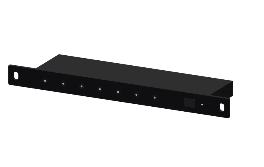 3D render of the DeskPi DC PDU Lite 7-CH 0.5U in its 10-inch rack mount