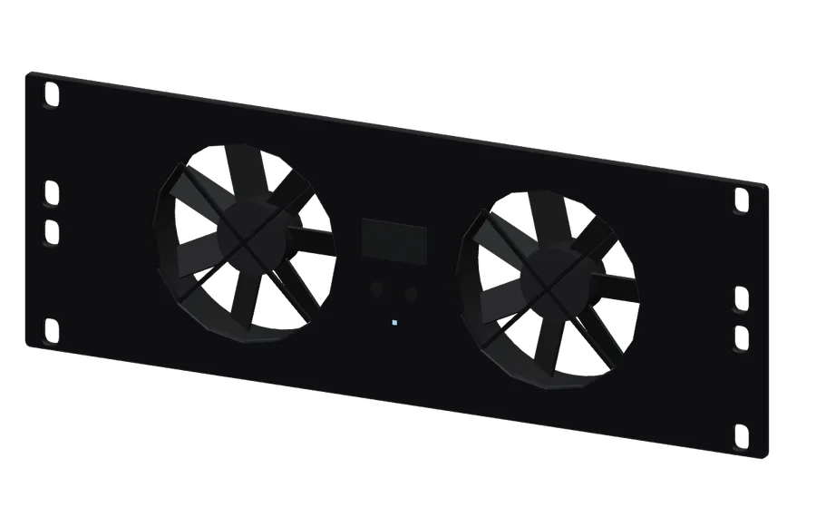 3D render of the DeskPi 2U Dual Fan Panel in its 10-inch rack mount