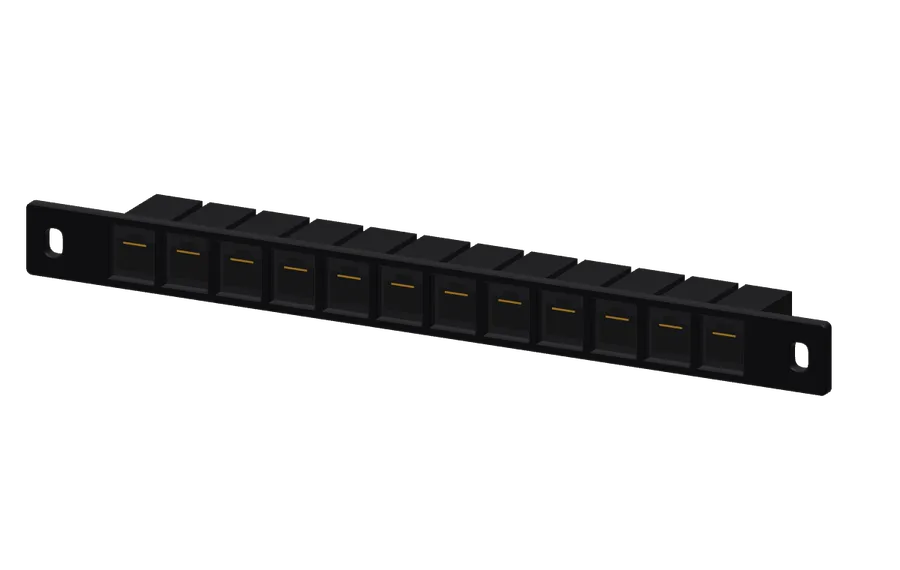 3D render of the DeskPi 12-Port Blank Keystone Panel 0.5U in its 10-inch rack mount