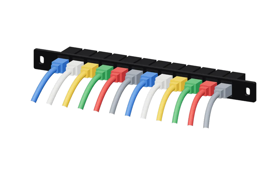3D render of the DeskPi 12-Port Cat6 Patch Panel 0.5U in its 10-inch rack mount