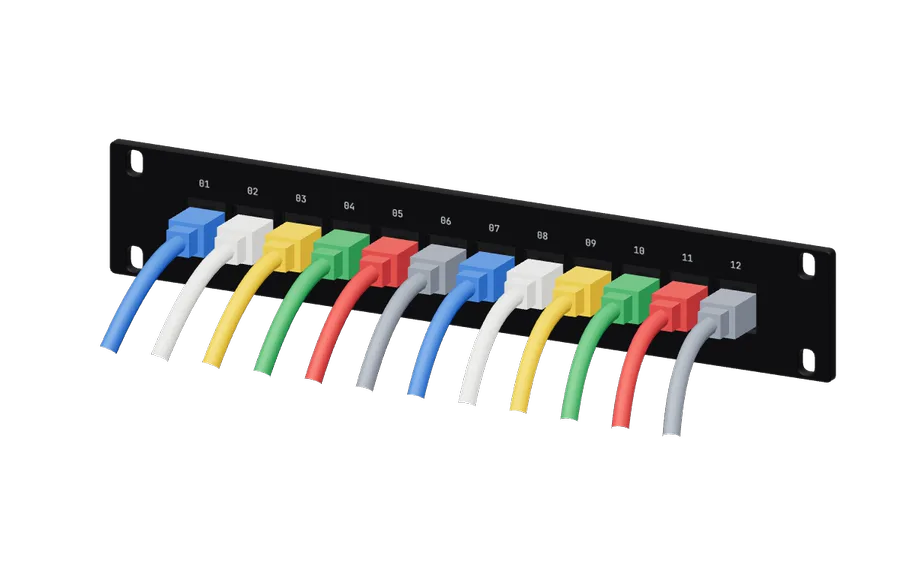 3D render of the DeskPi 12-Port Cat6 Patch Panel 1U in its 10-inch rack mount