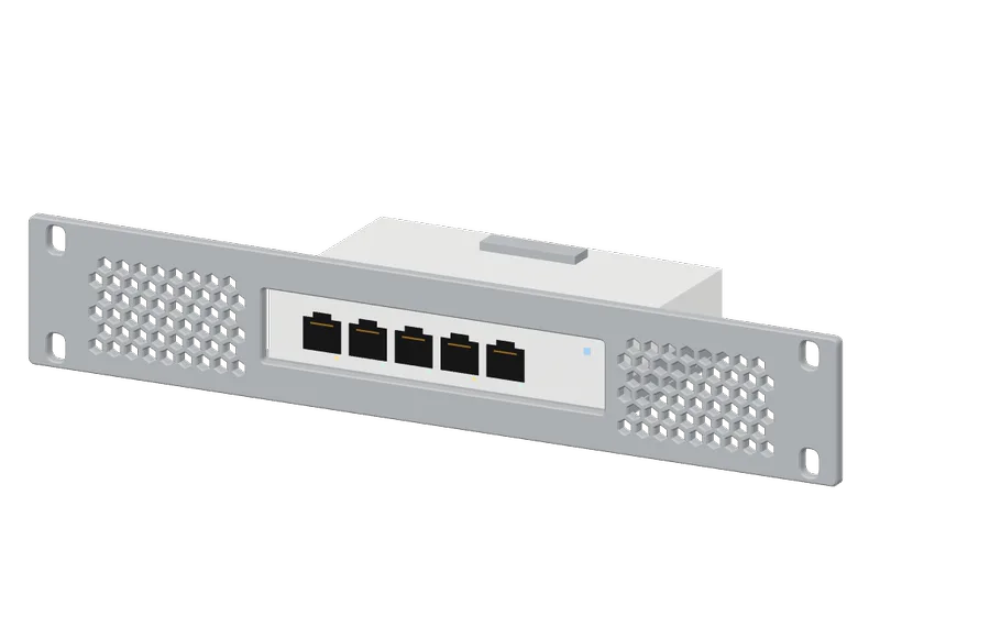 3D render of the UniFi Switch Flex Mini in its 10-inch rack mount