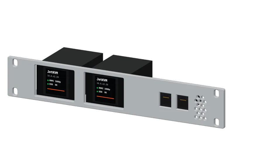 3D render of the 2× JetKVM 1U Mount in its 10-inch rack mount