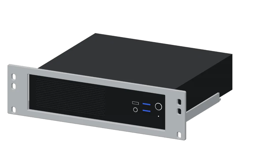 3D render of the Minisforum MS-01 in its 10-inch rack mount