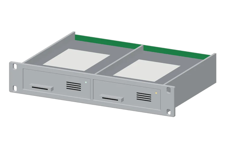 3D render of the 1U 2-Bay 3.5" Hot-Swap HDD Bay in its 10-inch rack mount