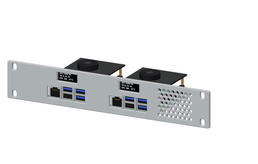 3D render of the 2× Raspberry Pi 5 1U Mount in its 10-inch rack mount
