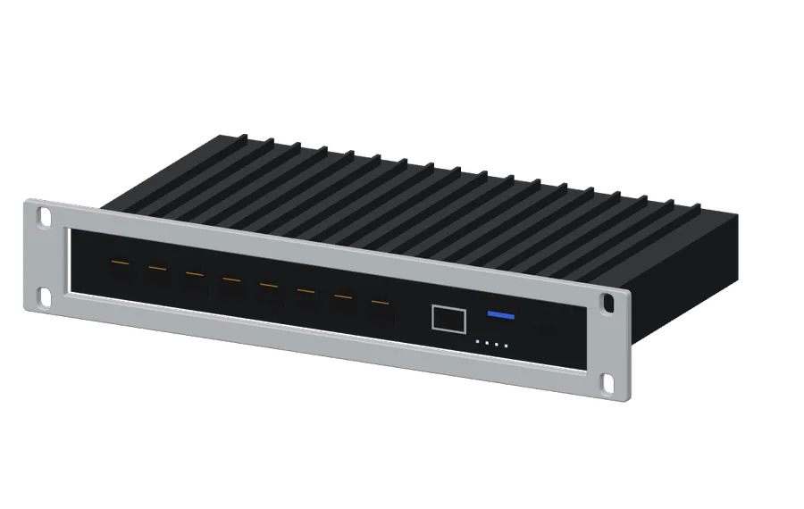 3D render of the RB5009UG+S+IN in its 10-inch rack mount
