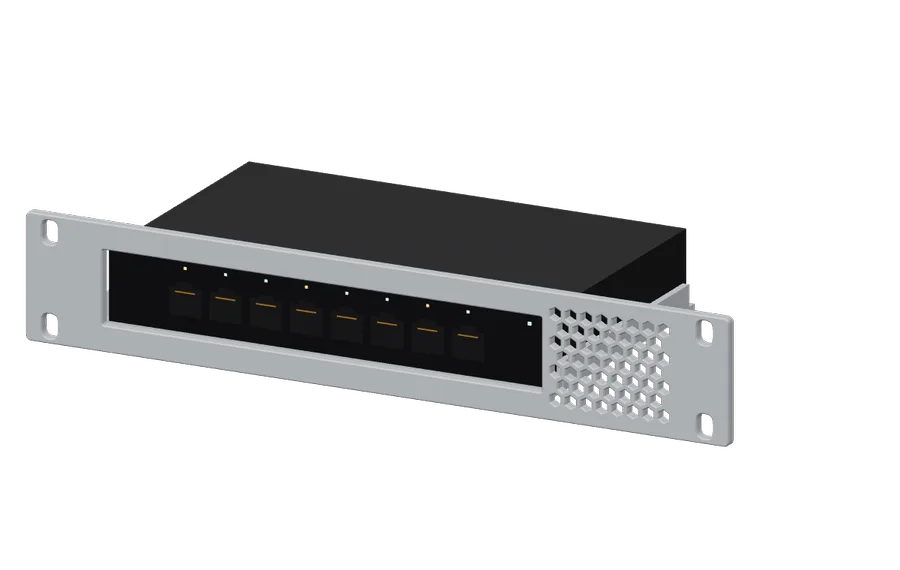 3D render of the TP-Link TL-SG108PE in its 10-inch rack mount