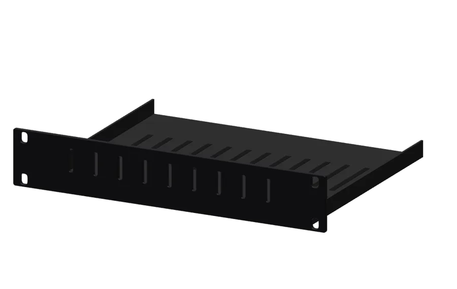 3D render of the DeskPi 1U Cantilever Shelf in its 10-inch rack mount