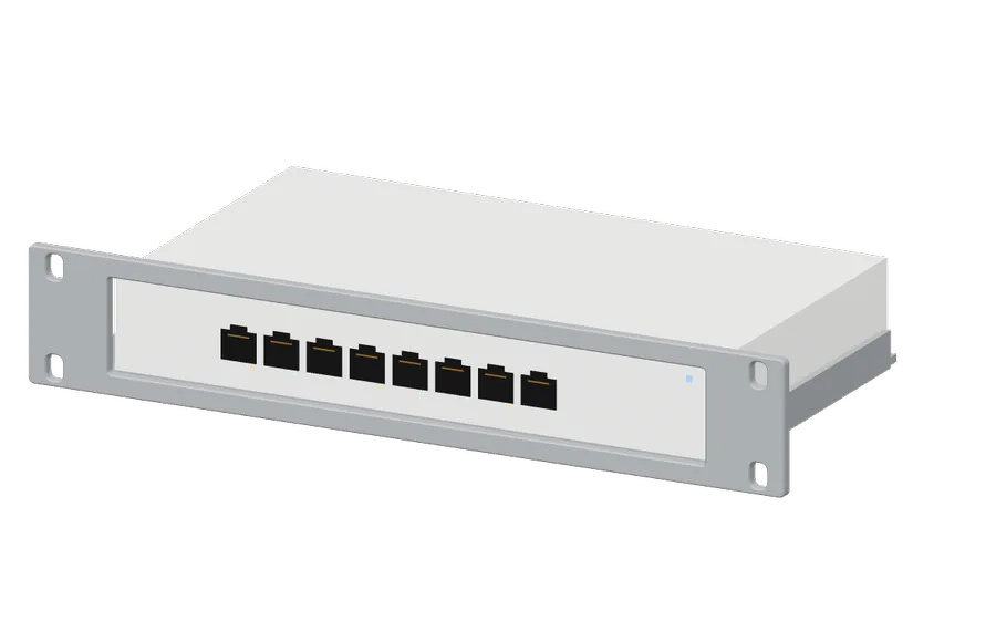 3D render of the UniFi Switch Lite 8 PoE in its 10-inch rack mount