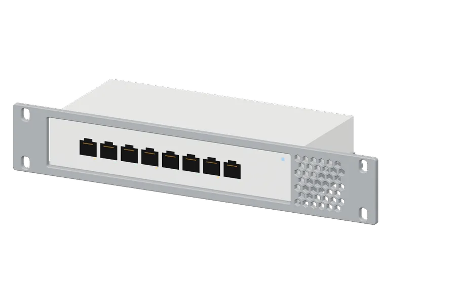 3D render of the UniFi Switch Ultra in its 10-inch rack mount